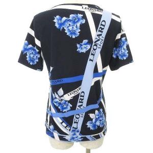 LEONARD SPORT 美品 カットソー 半袖 薄手 花柄 ロゴ プリント トップス 38 9号 紺 ネイビー IBO37