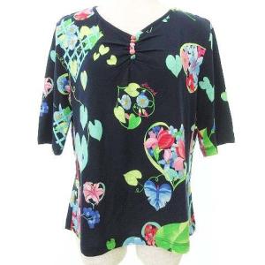 LEONARD SPORT Vネック カットソー リーフ 花柄 五分袖  ストレッチ トップス 42 13号 紺 ネイビー IBO37