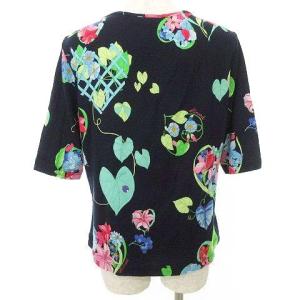 LEONARD SPORT Vネック カットソー リーフ 花柄 五分袖  ストレッチ トップス 42 13号 紺 ネイビー IBO37