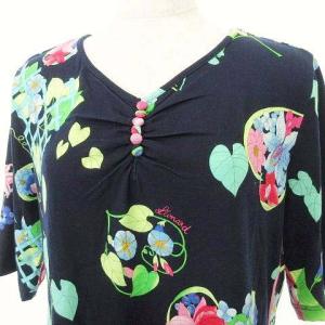 LEONARD SPORT Vネック カットソー リーフ 花柄 五分袖  ストレッチ トップス 42 13号 紺 ネイビー IBO37