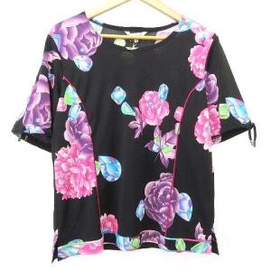 LEONARD SPORT タグ付 花柄 カットソー 半袖 トップス フラワープリント 薄手 42 13号 黒 ブラック IBO37
