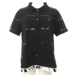 LEONARD SPORT ポロシャツ 半袖 スパンコール ライン 鹿の子 カットソー トップス 42 13号 黒 ブラック IBO37