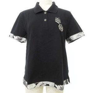 LEONARD SPORT 美品 ポロシャツ 胸刺繍 半袖 鹿の子 カットソー 柄トリム 42 13号 黒 ブラック IBO37