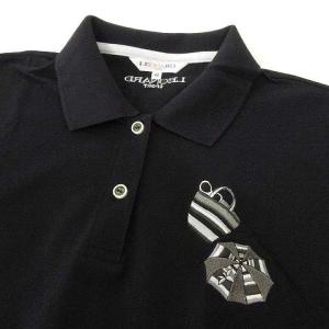 LEONARD SPORT 美品 ポロシャツ 胸刺繍 半袖 鹿の子 カットソー 柄トリム 42 13号 黒 ブラック IBO37