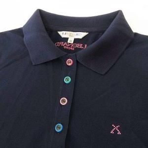 LEONARD SPORT ポロシャツ 鹿の子 半袖 カットソー 柄トリム マルチカラーボタン 42 13号 紺 ネイビー IBO37