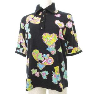 LEONARD SPORT ポロシャツ 花柄 ハート 五分袖 カットソー スナップボタン 40 11号 黒 ブラック  IBO37