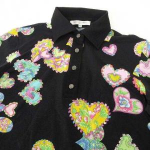 LEONARD SPORT ポロシャツ 花柄 ハート 五分袖 カットソー スナップボタン 40 11号 黒 ブラック  IBO37