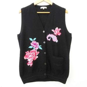 LEONARD SPORT カシミヤ シルク ニット ベスト フラワー 花柄 スパンコール ビース装飾 42 13号 黒 ブラック IBO37