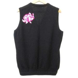 LEONARD SPORT カシミヤ シルク ニット ベスト フラワー 花柄 スパンコール ビース装飾 42 13号 黒 ブラック IBO37
