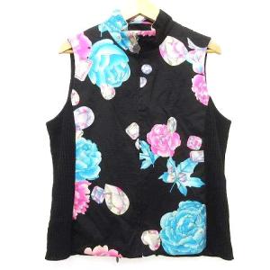 LEONARD SPORT ジップ ベスト 花柄 ジュエリー プリント サイドリブ ゴルフウエア 42 Lサイズ 黒 ブラック  IBO37