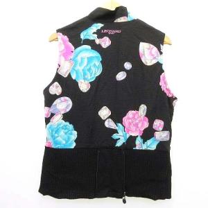 LEONARD SPORT ジップ ベスト 花柄 ジュエリー プリント サイドリブ ゴルフウエア 42 Lサイズ 黒 ブラック  IBO37