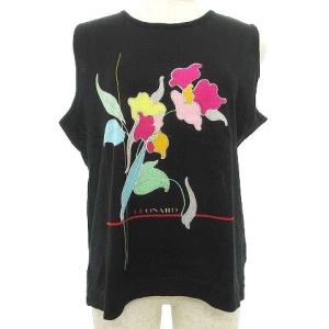 LEONARD SPORT フラワー ニット ベスト 薄手 クルーネック トップス ゴルフウエア 42 Lサイズ 黒 ブラック IBO37