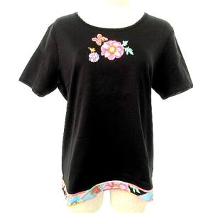 LEONARD SPORT 美品 カットソー Tシャツ 半袖 フラワー刺繍 裾花柄ライン 40 M 黒 ブラック IBO37 A0328