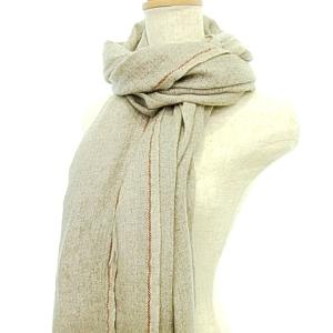 美品 ストール 大判 カシミヤ シルク混 フリンジ 縁ライン ベージュ IBO37 A0405