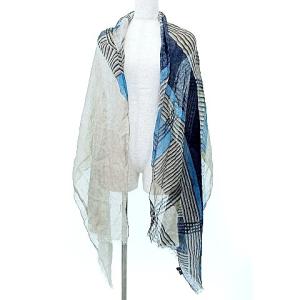 Loro Piana 美品 ストール 大判 リネン 麻100% 格子 総柄 ベージュｘ紺 ネイビー IBO37