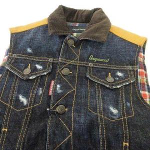 DSQUARED2 デニム ダウンベスト 配色 切替 裏地チェック ダメージ加工 国内正規 イタリア製 42 マルチカラー IBO37