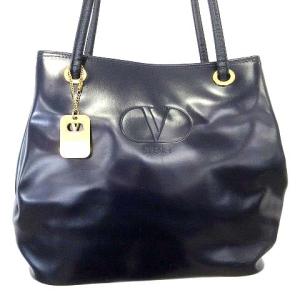 VALENTINO GARAVANI トートバッグ パテント コーティング 皮革 ロゴ 肩掛け ショルダーバッグ 紺 ネイビー ECR17
