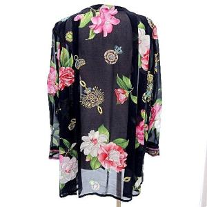 LEONARD Fashion ノーカラー ワイド カーディガン シルク シフォン 金ボタン L 紺