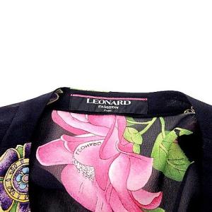 LEONARD Fashion ノーカラー ワイド カーディガン シルク シフォン 金ボタン L 紺