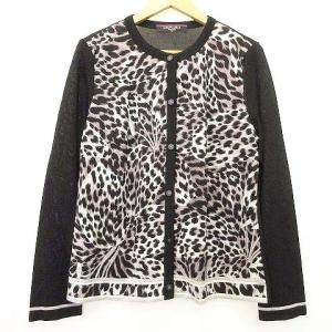 Fashion ヒョウ柄切替 ニット カーディガン クルーネック 長袖 L 黒 ブラック IBO39