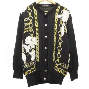 Fashion シルク切替 ニット カーディガン 花柄 チェーン柄 クルーネック 長袖 M 黒 ブラック IBO39
