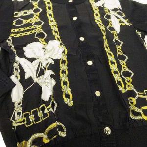 LEONARD Fashion シルク切替 ニット カーディガン 花柄 チェーン柄 クルーネック 長袖 M 黒 ブラック IBO39