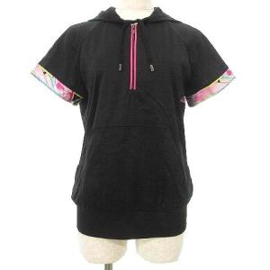 LEONARD SPORT パーカー ハーフジップ 半袖 花柄トリム バックロゴプリント トップス 40 黒 ブラック IBO39