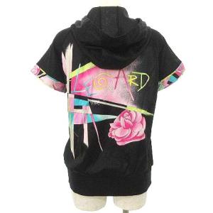 LEONARD SPORT パーカー ハーフジップ 半袖 花柄トリム バックロゴプリント トップス 40 黒 ブラック IBO39