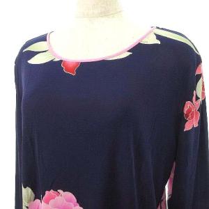 LEONARD Paris 花柄 シルク カットソー 長袖 薄手 フラワープリント 42 紺