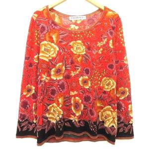 Fashion 90S 花柄 カットソー 長袖 シルク混ウール 薄手ニット イタリア製 M 赤 レッド IBO39