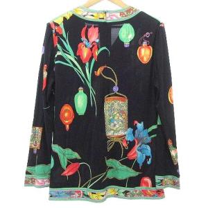 LEONARD Fashion 花柄 シルク カットソー 長袖 Vネック 薄手 トップス フラワープリント ネイビー