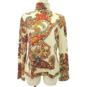 Fashion ペイズリー カットソー 長袖 シルク混ウール ハイネック トップス L ベージュ