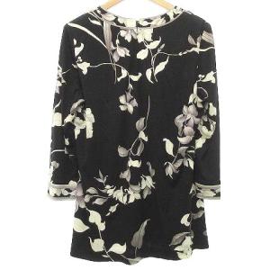 LEONARD Fashion 花柄 Vネック カットソー 長袖 肩タック フラワープリント トップス 42 黒 ブラック IBO39