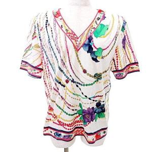 Fashion 90S カットソー 半袖 バックジップ Vネック アクセサリー柄 LL 白 ホワイト IBO39