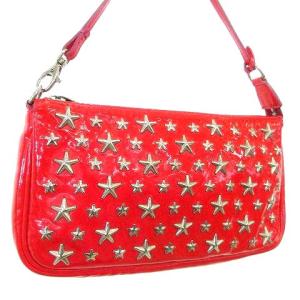 JIMMY CHOO スタッズ アクセサリー ポーチ パテント ハンドバッグ エナメル イタリア製 赤 レッド U90