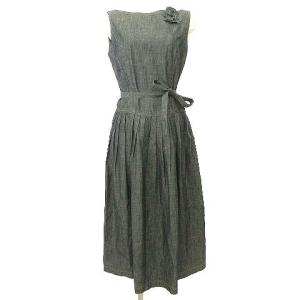 デニム ワンピース ひざ丈 フラワーコサージュ ノースリーブ 38 グレー系