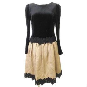 ベロア ドッキング ワンピース ひざ丈 レース 光沢スカート 長袖 36 黒 ベージュ U90