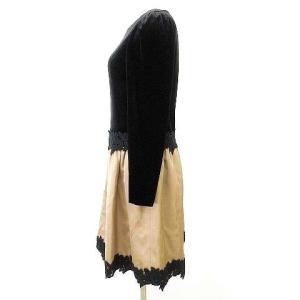 M'S GRACY ベロア ドッキング ワンピース ひざ丈 レース 光沢スカート 長袖 36 黒 ベージュ U90