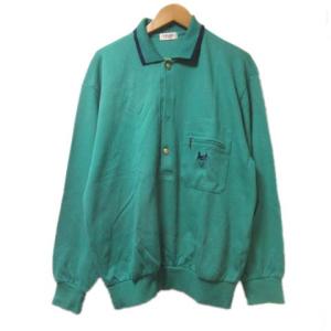 ヴィンテージ ポロシャツ 長袖 衿ライン コットンニット 刺繍 緑 グリーン L 胸ポケット NGA35 X