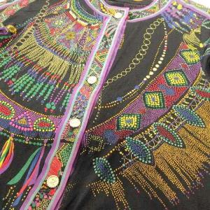 LEONARD FASHION 90s 総柄 ノーカラー ジャケット カーディガン シルク混 カットソー アクセサリー柄 金ボタン L 黒