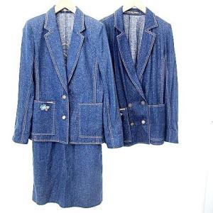 FASHION 90S 3点セット シルク デニム スーツ スカート テーラード ジャケット 9AR 7AB 青 ブルー IBO39