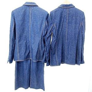 LEONARD FASHION 90S 3点セット シルク デニム スーツ スカート テーラード ジャケット 9AR 7AB 青 ブルー IBO39