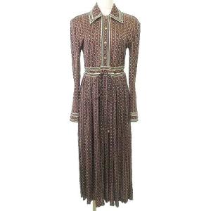 TORY BURCH 近年 総柄 ロング ワンピース シルク混 美ライン 長袖 プリーツスカート XS ピンク系 IBO39