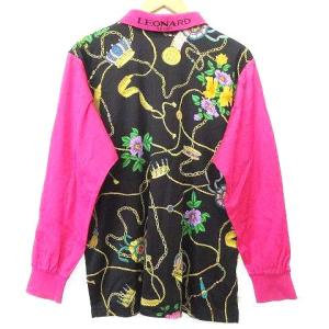 LEONARD SPORT 花柄 ポロシャツ 長袖 カットソー カジュアル ゴルフウエア L 黒 ピンク IBO39