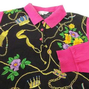 LEONARD SPORT 花柄 ポロシャツ 長袖 カットソー カジュアル ゴルフウエア L 黒 ピンク IBO39