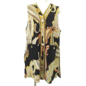 Fashion 90S ペイズリー柄 ロング ベスト ヴィンテージ 金ボタン ウール 9 黒 ブラック IBO39