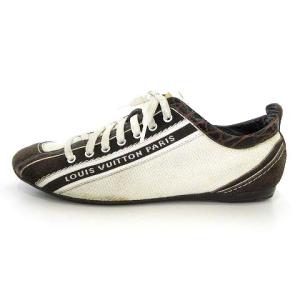 LOUIS VUITTON キャンバス スニーカー ロゴテープ レザー スエード シューズ 35 22.5cm 白 ブラウン IBO39