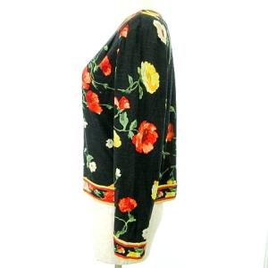 LEONARD FASHION 長袖 カットソー ライン 花柄 薄手 シルク混 M 黒 ブラック IBO39 A0516