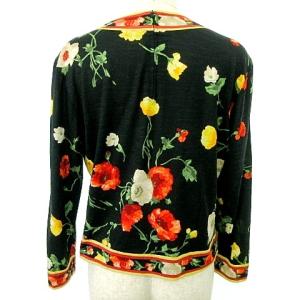 LEONARD FASHION 長袖 カットソー ライン 花柄 薄手 シルク混 M 黒 ブラック IBO39 A0516
