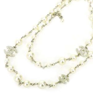 CHANEL A18V ココマーク フェイクパール ロング ネックレス ラインストーン アイボリー シルバー